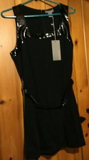 NWT Kenar Black Belted Shift Dress Mod Retro Patent Leather Detail Size 12