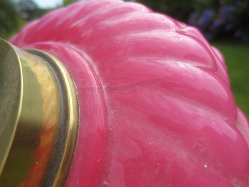 ANTIQUE CRANBERRY GLASS DUPLEX OIL LAMP FONT HAIRLINE FLAW NEAR COLLAR - Picture 5 of 14