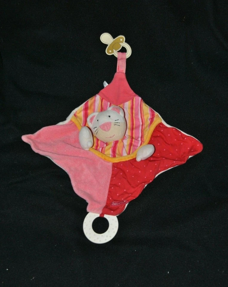 Peluche doudou chat plat BABYSUN écharpe rouge rose tétine dentition TTBE - Photo 1/1