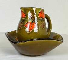 Ancien XXème pichet, broc et cuvette en céramique décor floral 