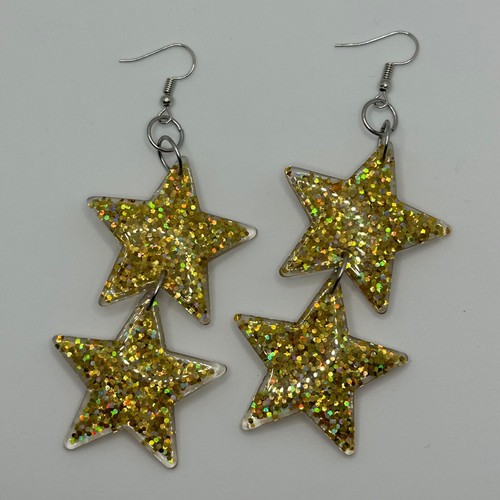 Large double Star earrings, holo Glitter. Resin Kitsch Fun 10 cm Long - Picture 73 of 129