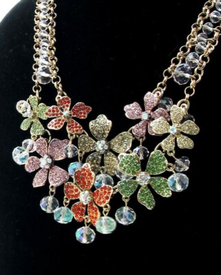Betsey Johnson Pink FLOWER BOOST Pave Statement Necklace NWT