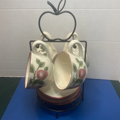 Vintage  Apple Tea/Coffee Cups Mugs Set Cups & Saucers With Rack 12in High