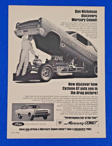1966 MERCURY COMET RACE CAR DON NICHOLSON 427 CID SOHC ORIGINAL PRINT AD LOT S24