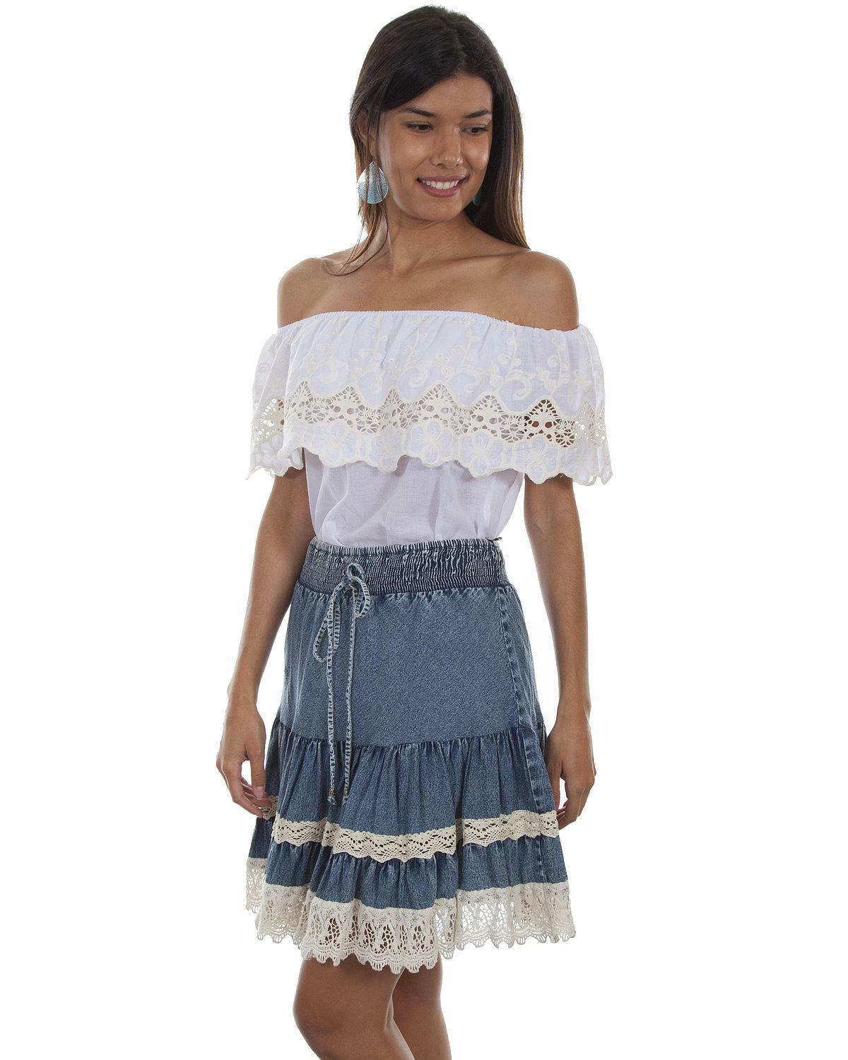 Honey Creek by Scully Woherren Denim Lace Trim Skirt - HC475 Honey Creek by Scully Woherren Denim Lace Trim Skirt - HC475