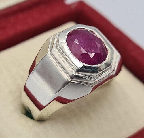 4Ct Certified Natural Red Ruby Bezel Set Men's Pinky Gift Ring 14k White Gold - Picture 6 of 11