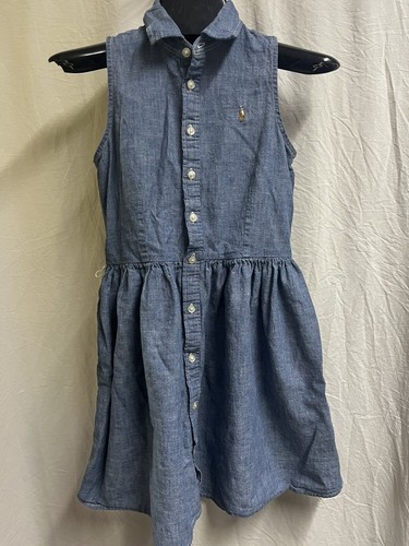 Girls Size 10 Polo Ralph Lauren Blue Sleeveless Chambray Dress Belted Button