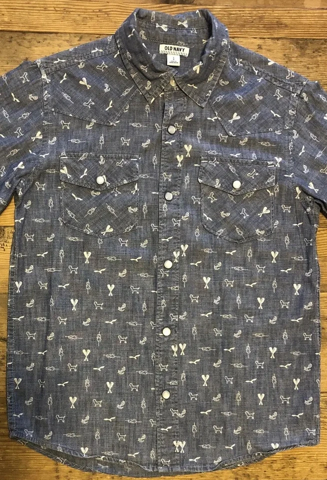 OLD NAVY Size L (10/12) Boys Long Sleeve Summer Jean Shirt Nautical Dog Theme - Image 3 of 4