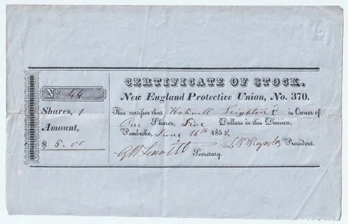 RARE Stock Certificate Script - New England Protective Union 1852 Pembroke MA