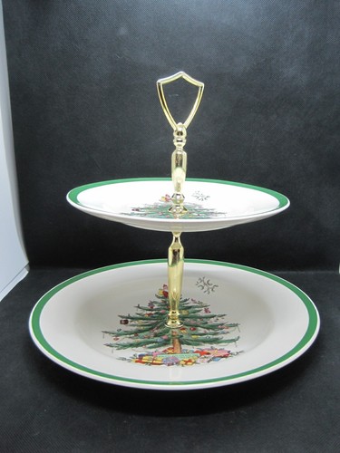 Spode Christmas Tree zweistufige Servierplatte Tablett Leckerbissen, Made in England