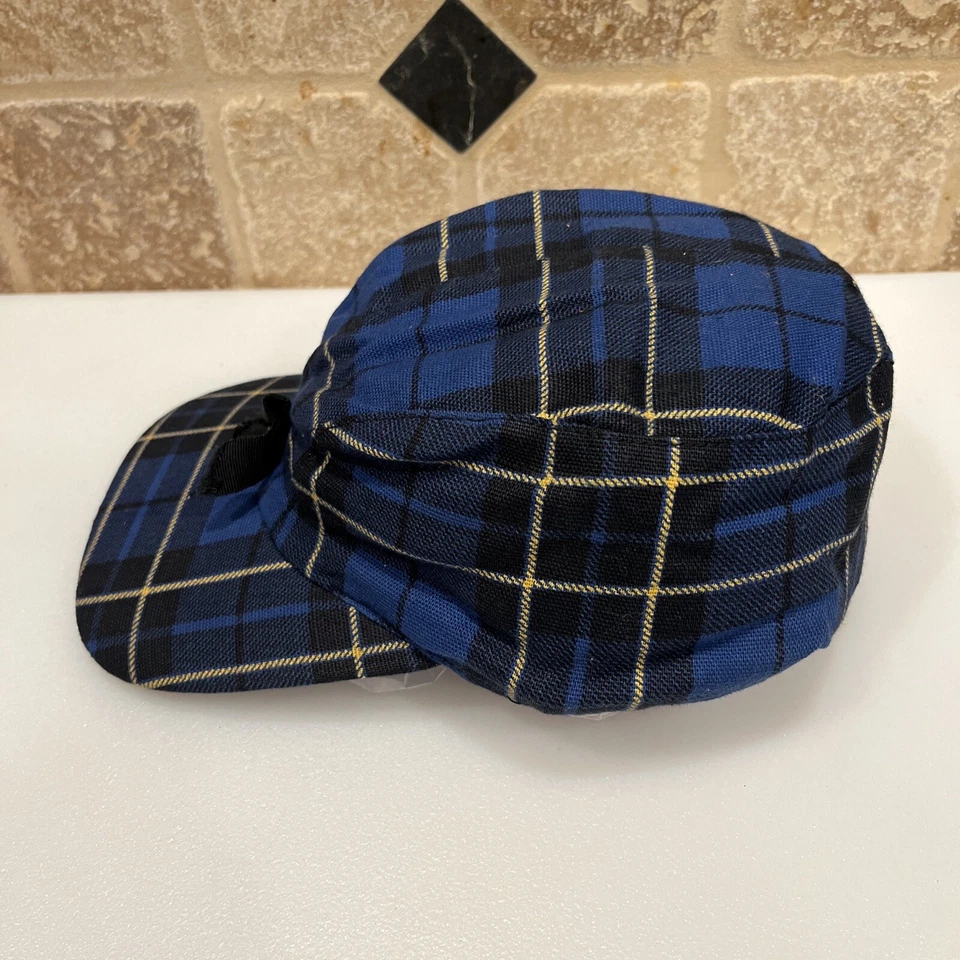 Vintage Deadstock 1960s Trapper Hat Cap Ear Flaps Men 7 1/8 Blue Tartan Plaid - Image 4 of 4