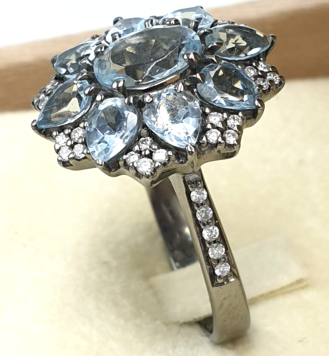 Anillo Karal Vintage Oro Blanco Macizo 18K Diamantes 0,30ct Aguamarina 3,15ct - Imagen 4 de 16