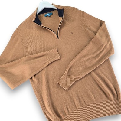 Tommy John Mens Large Pullover Sweater Quarter Zip Ribbed Knit Camel