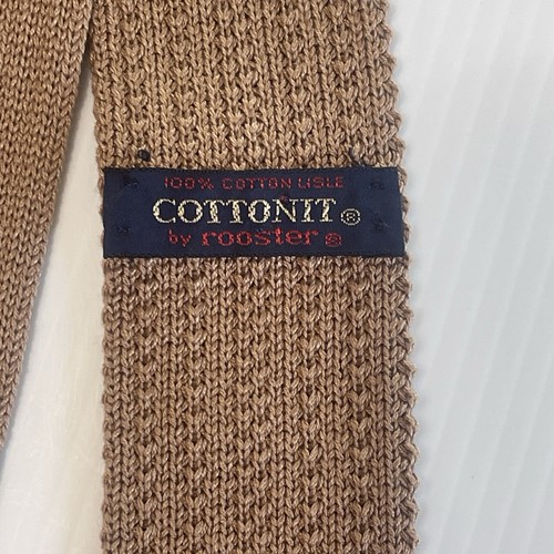 Cravatta vintage Cottonit By Rooster maglia uncinetto cotone marrone estremità quadrata skinny 54L 2W - Foto 2 di 6