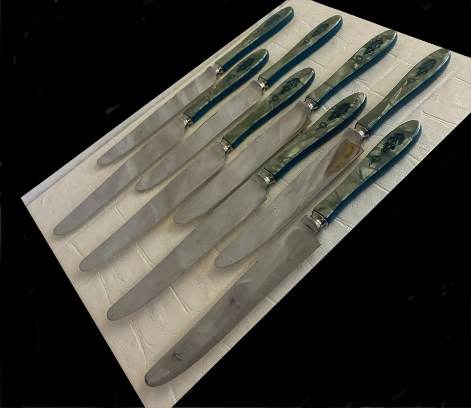 8 Rare Bird Of Paradise Knives Jewel Emerald Green Blue Handle Bakelite? - Image 4 of 4