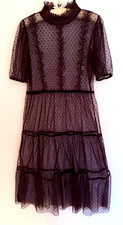 Black Swiss Dot Dress M Sheer Barely There Tiered Midi Lacy Whimsigoth Grunge