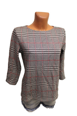 munich freedom Pulli S 36/38 kariert dünner Pullover 3/4-Arm grau weiß rot Damen
