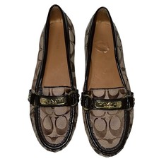 Coach Brown Beige Logo Metal Slip On Loafer Flats Women Round Toe sz 8.5