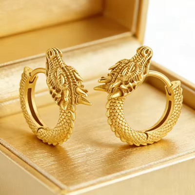 Golden Mythical Fantasy Dragon Warrior Earrings for Him or Her Unisex