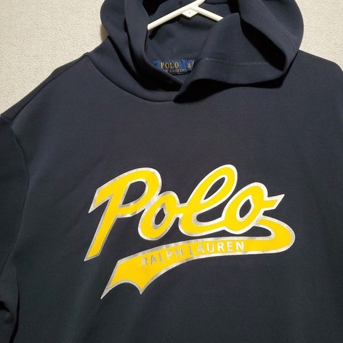 Polo Ralph Lauren Hoodie Mens XL Script Spellout Sweatshirt Navy Yellow Sweater - Picture 2 of 12