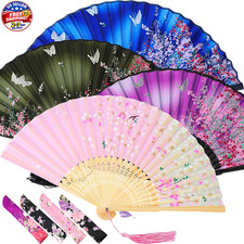 4 Pack Handheld Floral Folding Fans Hand Held Silk Bamboo Fans with Tassel Wo...