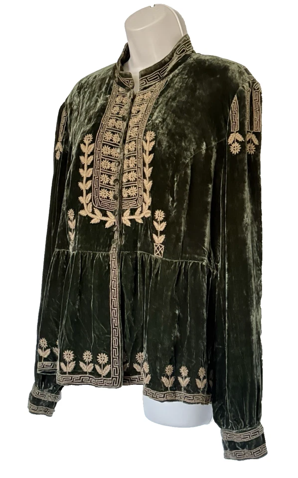 Chaqueta Doble D Ranch Verde Oliva Terciopelo Bordado Corazón Talla XL 100% Seda Usada en Excelente Condición Foto 4 de 4