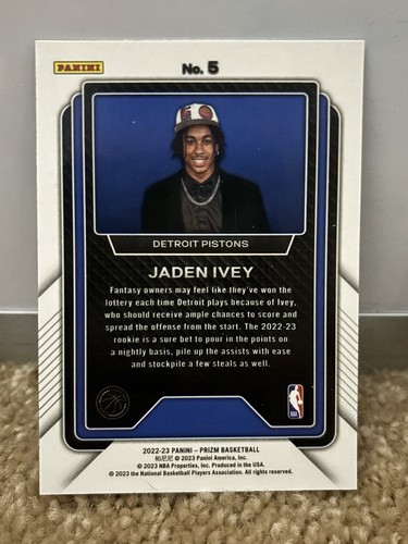 2022-23 PANINI PRIZM #5 JADEN IVEY LUCK OF THE LOTTERY ROOKIE DETROIT PISTONS RC - Picture 2 of 2