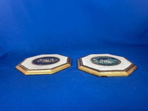 Vintage italienische Florentiner vergoldete Holz Plaketten Wandbild Achteck Blumendruck - Bild 11 von 13