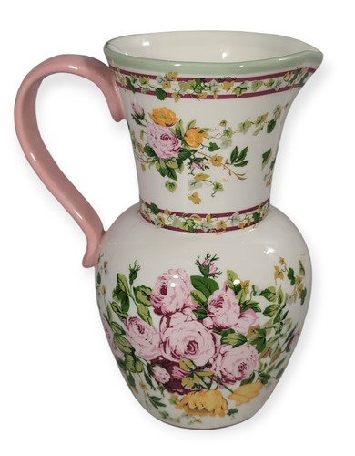 Vintage Laura Ashley Home Pink Roses Pitcher Vase 7 1/2" Tall