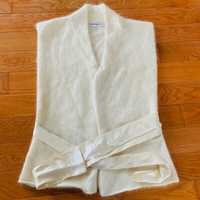 Vintage Calvin Klein Sweater Vest Womens S Ivory Angora Rabbit Silk Ribbon Tie