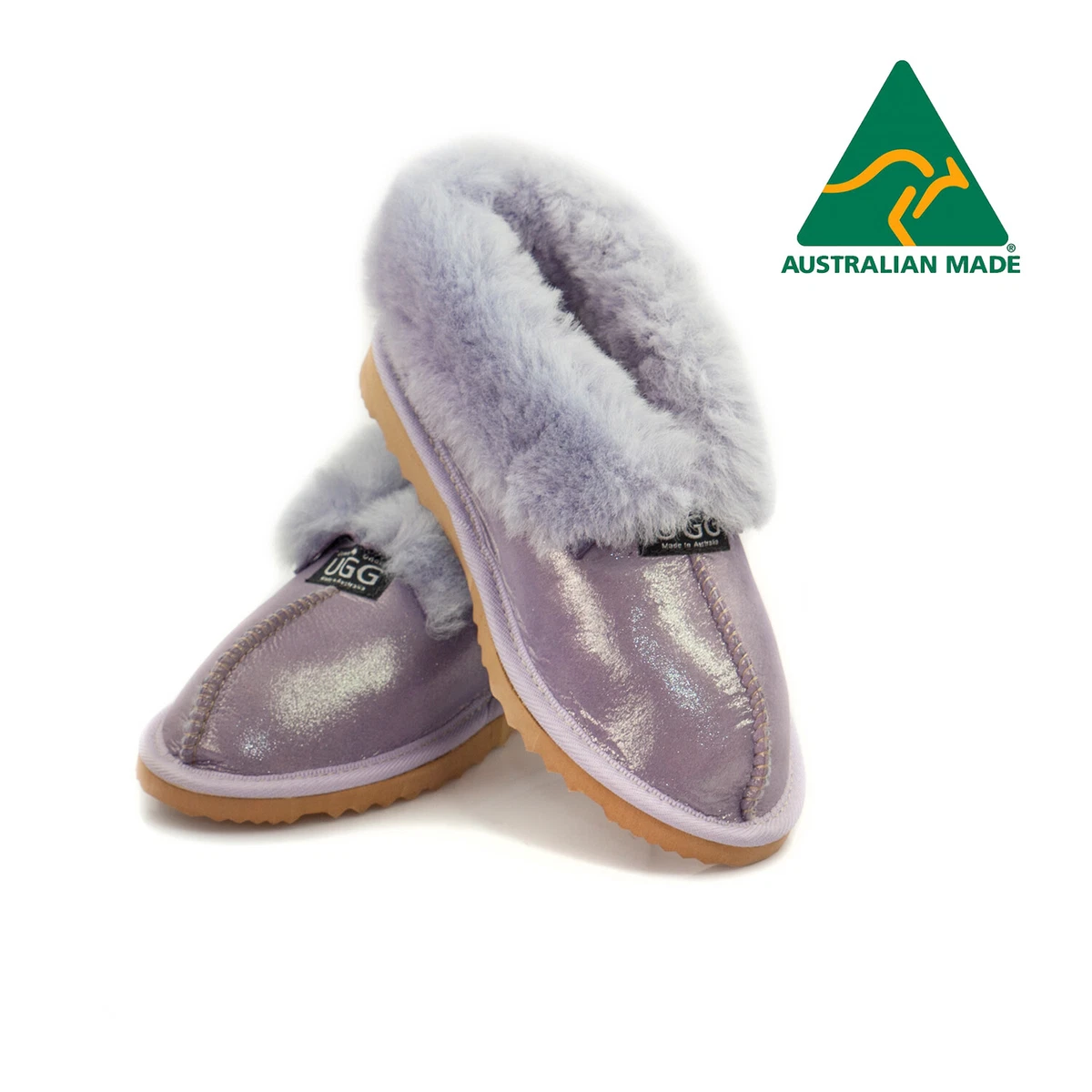 UGG Slippers with Fur Colla Made in Australia Genuine Sheepskin Glitter Purple