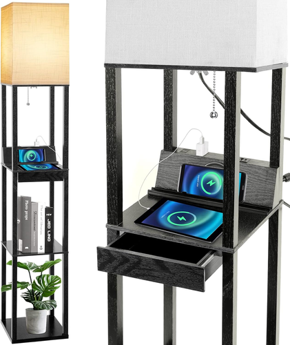 Floor Lamp with Shelves, LED Shelf Floor Lamp with Wireless Charger & 2 Chargin