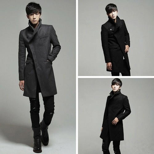 Men's Fashion Woolen Jacket Trench Coat Cloak Outwear Overcoat Slim Fit Korean
