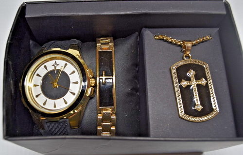 MANS WATCH ,BRACELET 8", CHAIN 24" YELLOW TONE, NEW IN BOX