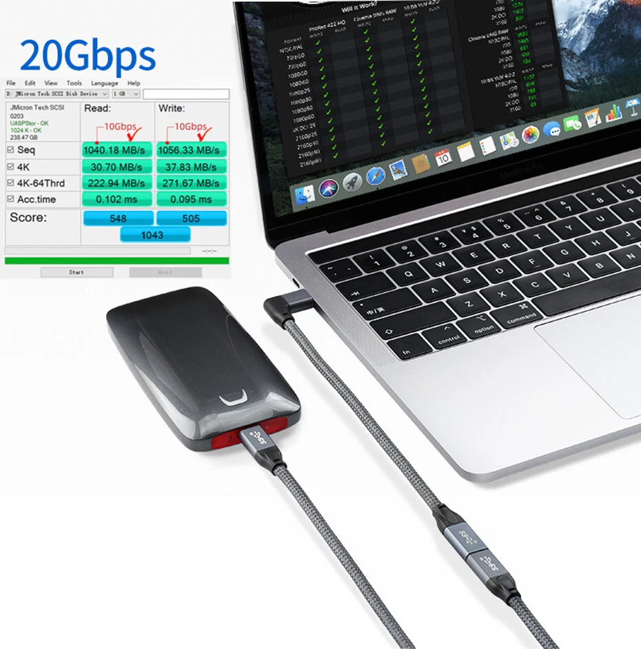 4K 60Hz Angled USB 3.1 Type-C USB C Gen 2 Extension Cable 100W 10Gbps Data Cord - Image 2 of 4