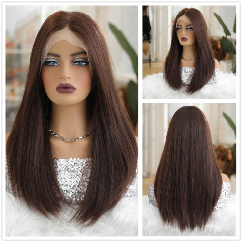 Synthetic Hair Heat Resistant Women Long Straight Reddish brown T Lace Front Wig