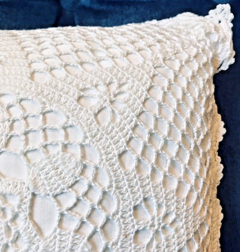 Vintage Crochet Lace Pillow White 12" X 12" Victorian Cottage Farmhouse - Picture 2 of 14
