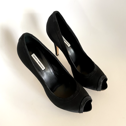 THE CURRENT NEW YORK HANDMADE Black Genuine Silk & Leather Heels Sz 8.5 fit 7.5 - Picture 3 of 15