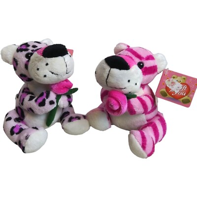 Fiesta Pink Tiger & Purple Cheetah Leopard with Rose (Lot of 2) Hard to Find 5''