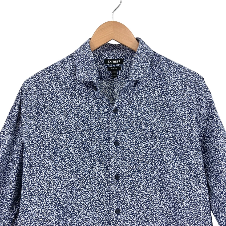 Camisa de vestir Express para hombre grande azul floral algodón extra ajustada con cuello abotonado Foto 3 de 4