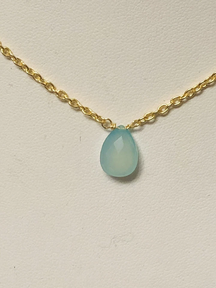 Gargantilha de prata esterlina 18K calcedônia aquática colar lágrima - Imagem 3 de 3