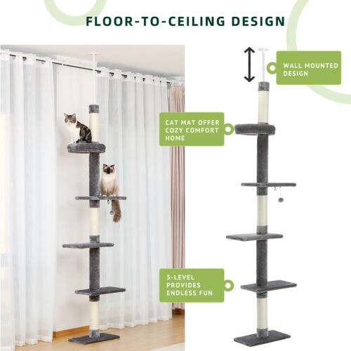PAWZ Road Cat Tree Scratching Post Cat Tower Floor to Ceiling Scratcher Bed Toys - Picture 14 of 38