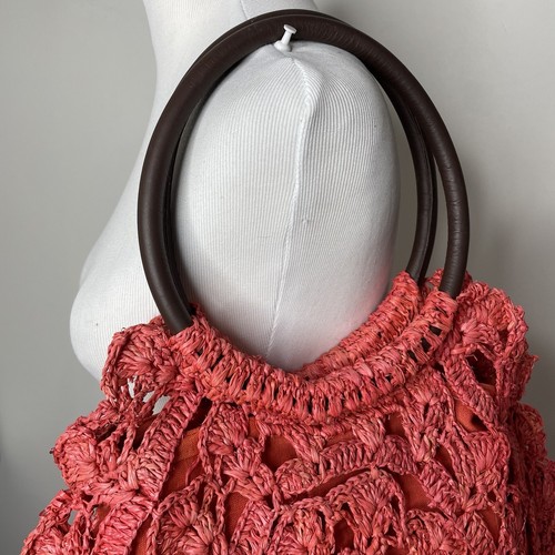 Flora Bella Boho Orange Coral Crocheted Raffia Leather Handles Shoulder Bag - Picture 2 of 14