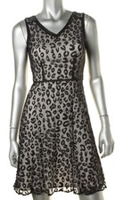 Marc New York~ Black Tulle Leopard Overlay Double V Flare Party Dress 0 NEW $138