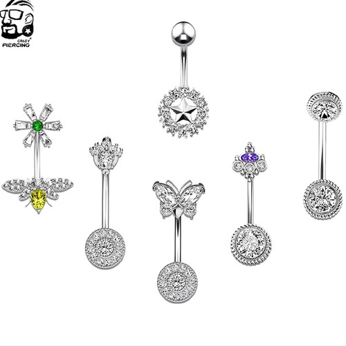 6Pcs 14G Belly Button Ring Navel Ring Heart Butterfly CZ Curved Barbell Piercing - Bild 1 von 21