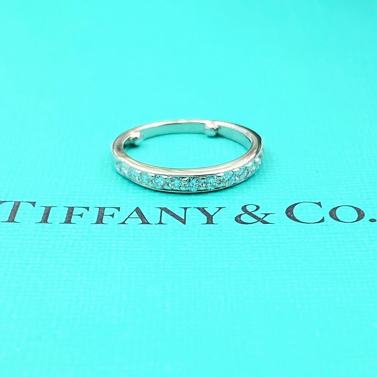 Tiffany Co Round Diamond Bead Set Half Circle Band Ring Platinum