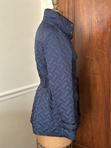 Cole Hann Short Jacket Womens LARGE Blue Trench Coat Quilted Belted EXCELLENT - Picture 4 of 14