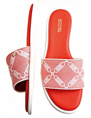 Michael Kors Schuhe Saylor Empire Logo Jacquard Slide Sandalen Coral Gr.38 Neu
