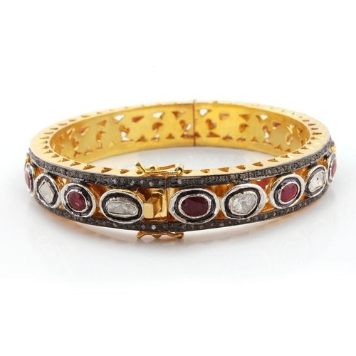 Polki Diamond Bangle 925 Sterling Silver Ruby Bangle Christmas Gift For Women - Picture 2 of 3