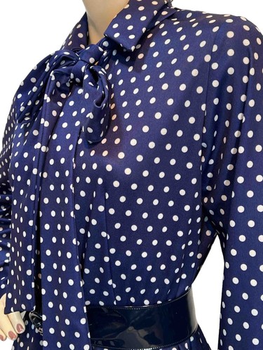 M~L Vtg 70s Does 50s DRESS POLKA DOT Shirtwaist NAVY Blue White Pussy Bow KNIT - Picture 6 of 18